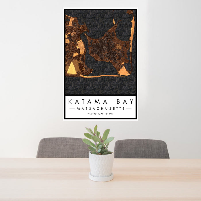 24x36 Katama Bay Massachusetts Map Print Portrait Orientation in Ember Style Behind 2 Chairs Table and Potted Plant