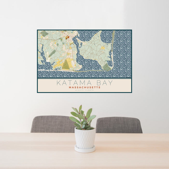24x36 Katama Bay Massachusetts Map Print Lanscape Orientation in Woodblock Style Behind 2 Chairs Table and Potted Plant