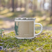 Right View Custom Katama Bay Massachusetts Map Enamel Mug in Afternoon on Grass With Trees in Background