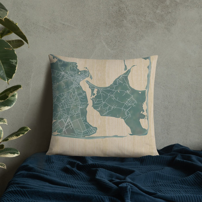 Custom Katama Bay Massachusetts Map Throw Pillow in Afternoon on Bedding Against Wall