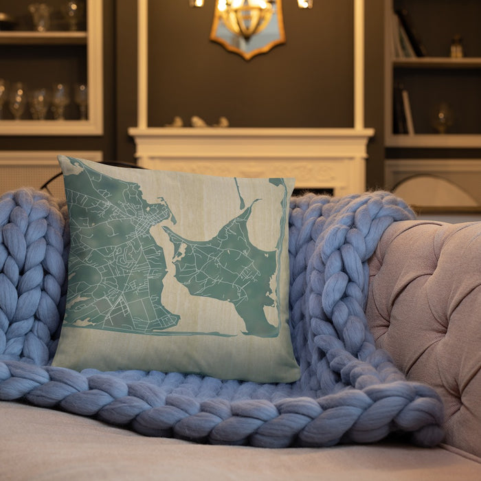 Custom Katama Bay Massachusetts Map Throw Pillow in Afternoon on Cream Colored Couch