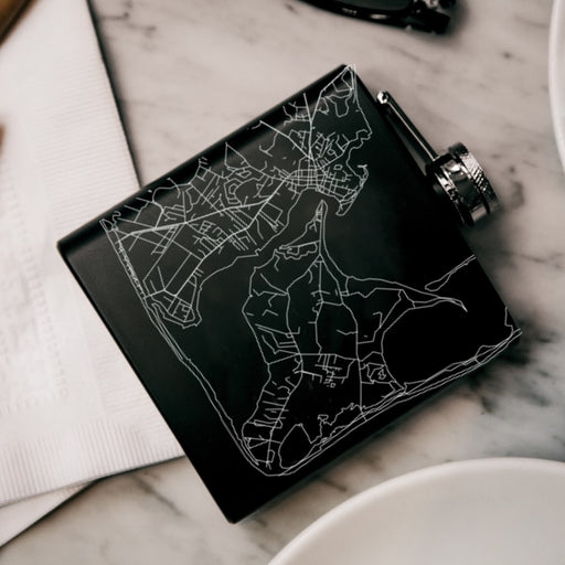 Katama Bay Massachusetts Custom Engraved City Map Inscription Coordinates on 6oz Stainless Steel Flask in Black