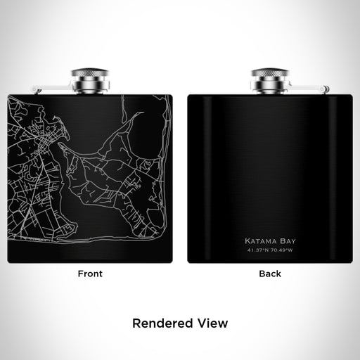 Rendered View of Katama Bay Massachusetts Map Engraving on 6oz Stainless Steel Flask in Black