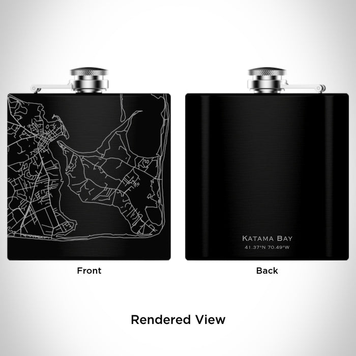 Rendered View of Katama Bay Massachusetts Map Engraving on 6oz Stainless Steel Flask in Black
