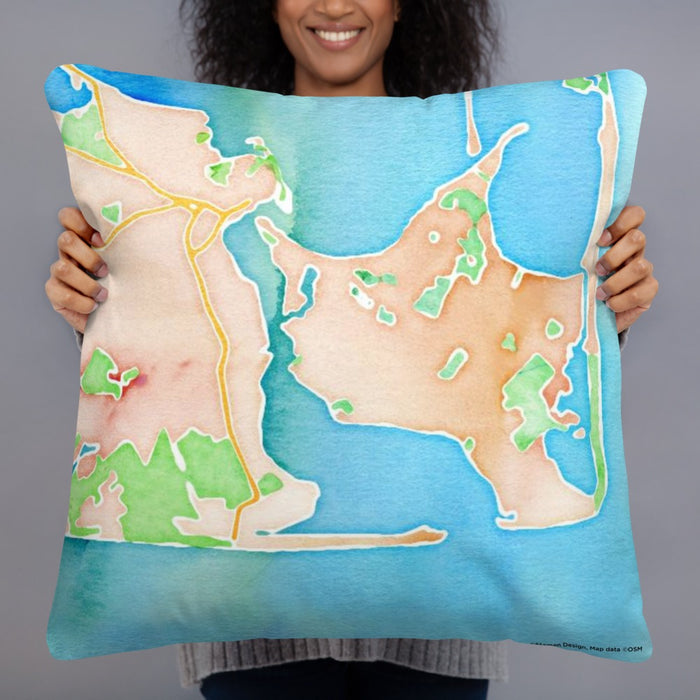 Person holding 22x22 Custom Katama Bay Massachusetts Map Throw Pillow in Watercolor