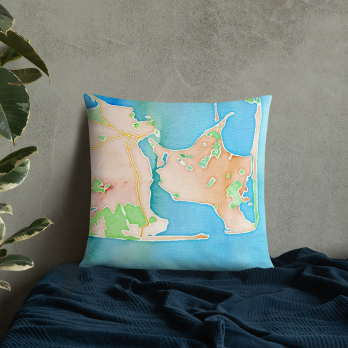 Custom Katama Bay Massachusetts Map Throw Pillow in Watercolor on Bedding Against Wall