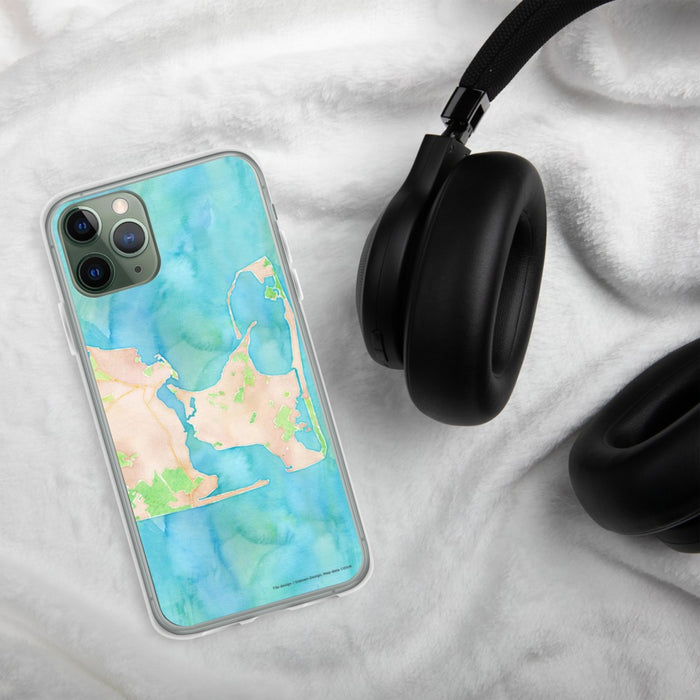 Custom Katama Bay Massachusetts Map Phone Case in Watercolor on Table with Black Headphones