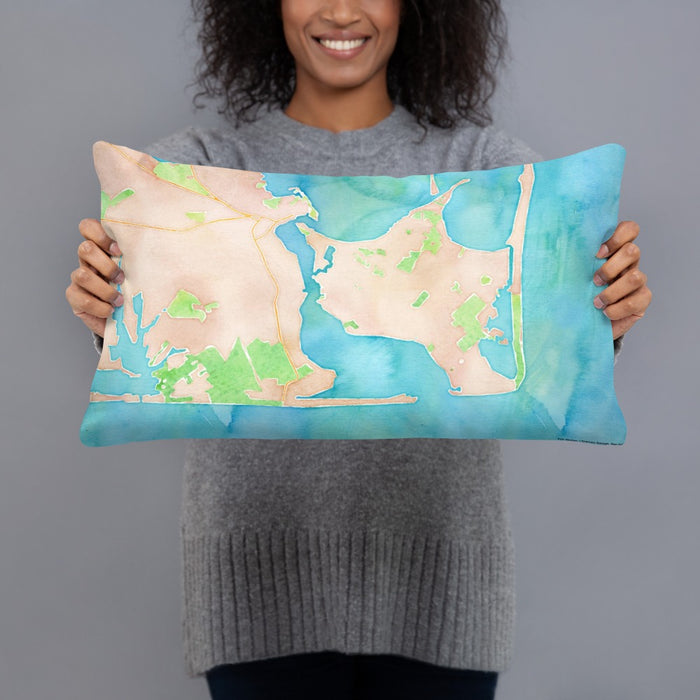 Person holding 20x12 Custom Katama Bay Massachusetts Map Throw Pillow in Watercolor