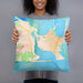 Person holding 18x18 Custom Katama Bay Massachusetts Map Throw Pillow in Watercolor