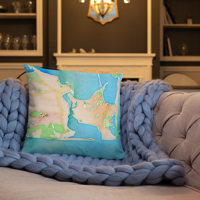 Custom Katama Bay Massachusetts Map Throw Pillow in Watercolor on Cream Colored Couch
