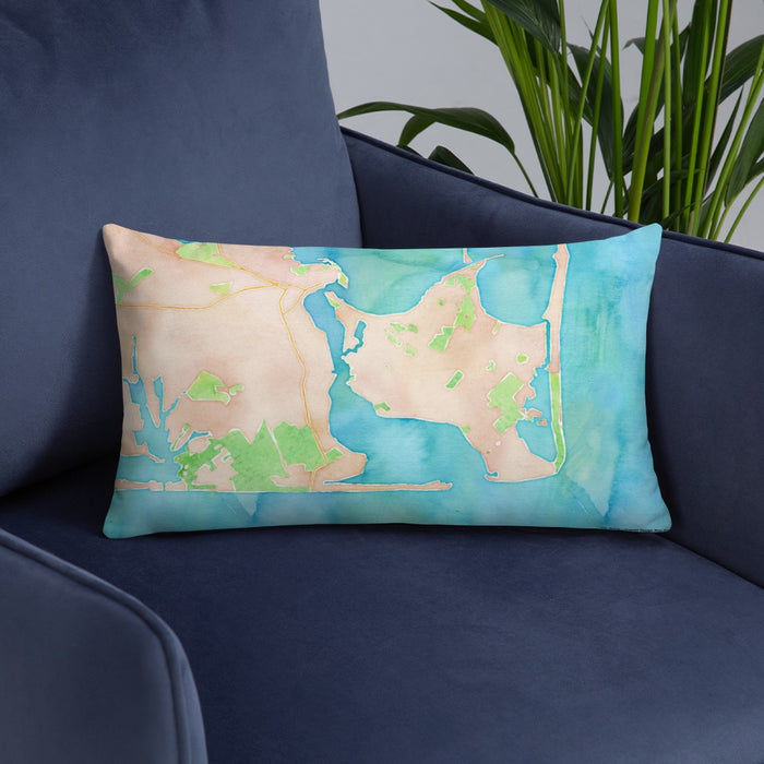 Custom Katama Bay Massachusetts Map Throw Pillow in Watercolor on Blue Colored Chair