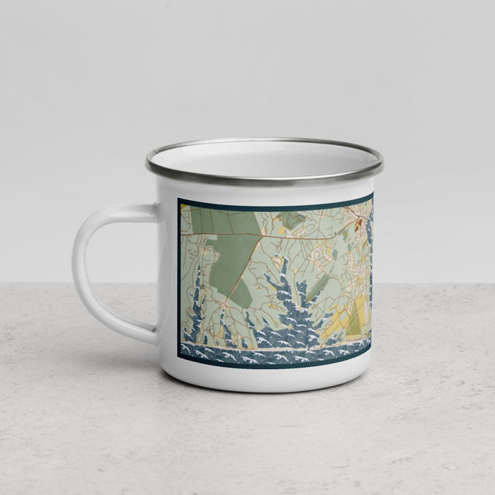 Left View Custom Katama Bay Massachusetts Map Enamel Mug in Woodblock