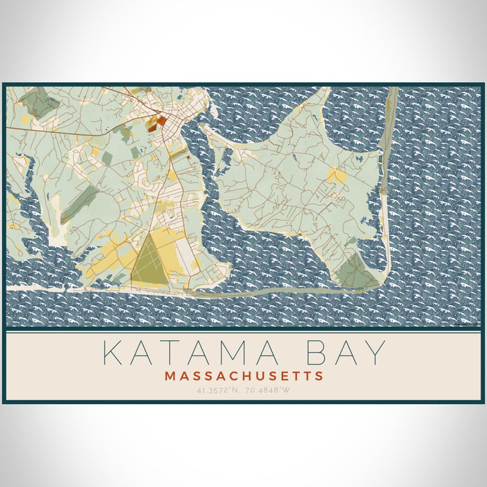 Katama Bay Massachusetts Map Print Landscape Orientation in Woodblock Style With Shaded Background