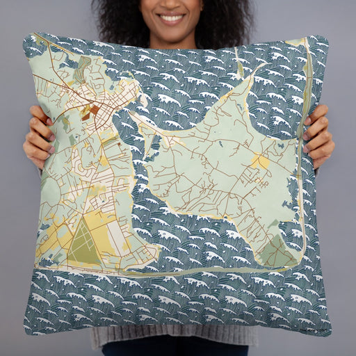 Person holding 22x22 Custom Katama Bay Massachusetts Map Throw Pillow in Woodblock
