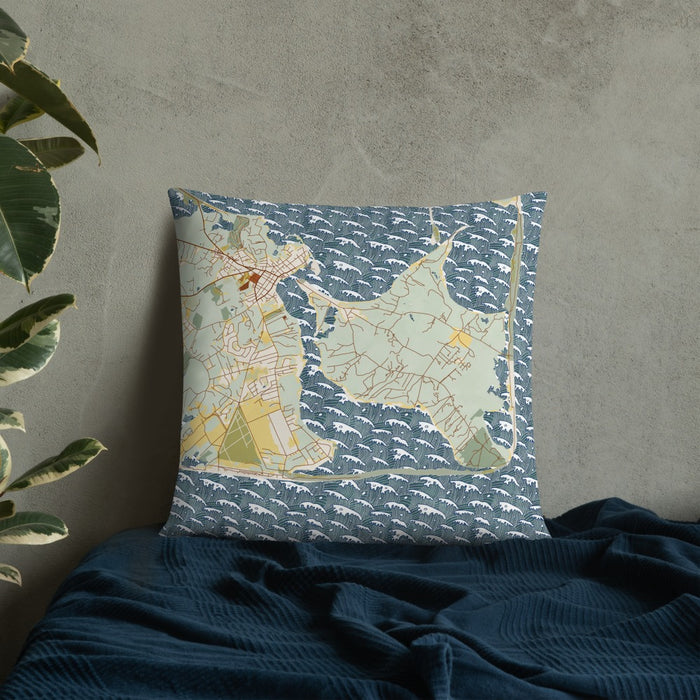 Custom Katama Bay Massachusetts Map Throw Pillow in Woodblock on Bedding Against Wall