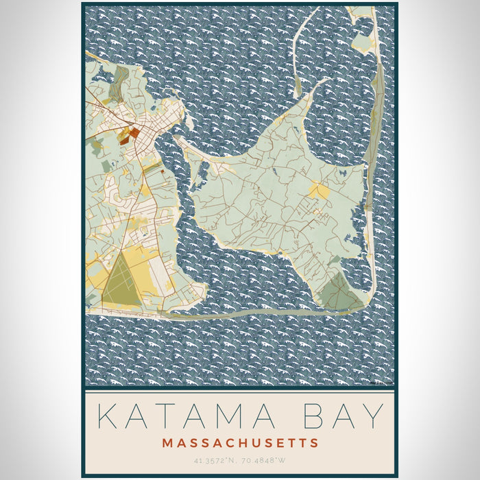Katama Bay Massachusetts Map Print Portrait Orientation in Woodblock Style With Shaded Background