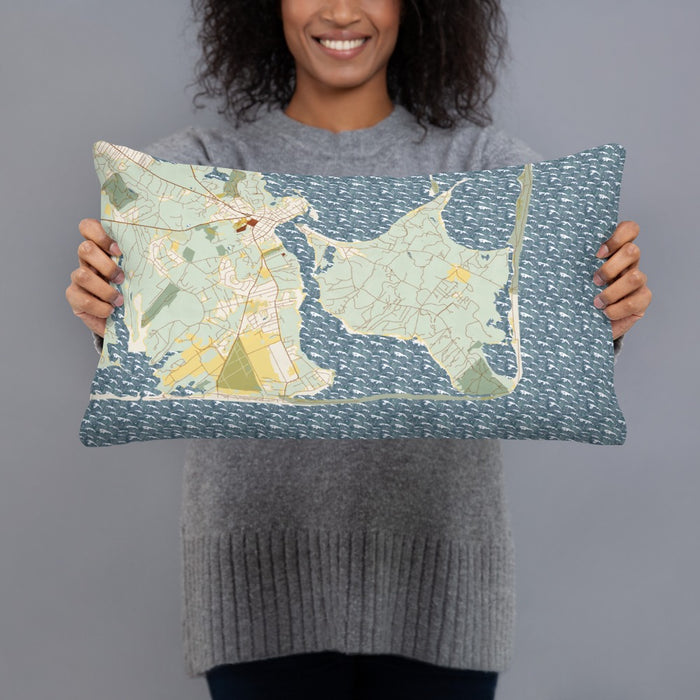 Person holding 20x12 Custom Katama Bay Massachusetts Map Throw Pillow in Woodblock