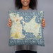 Person holding 18x18 Custom Katama Bay Massachusetts Map Throw Pillow in Woodblock