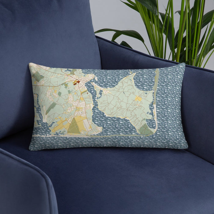 Custom Katama Bay Massachusetts Map Throw Pillow in Woodblock on Blue Colored Chair