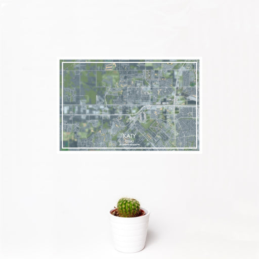 12x18 Katy Texas Map Print Landscape Orientation in Afternoon Style With Small Cactus Plant in White Planter