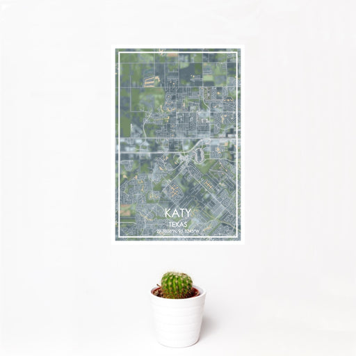 12x18 Katy Texas Map Print Portrait Orientation in Afternoon Style With Small Cactus Plant in White Planter