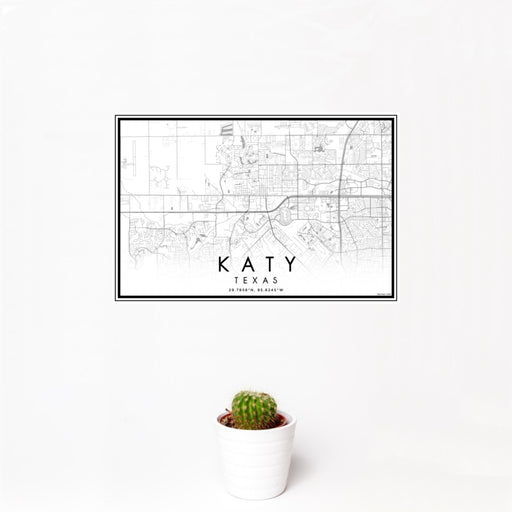 12x18 Katy Texas Map Print Landscape Orientation in Classic Style With Small Cactus Plant in White Planter