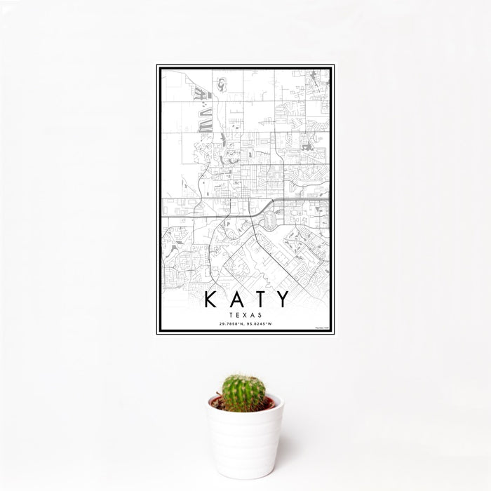 12x18 Katy Texas Map Print Portrait Orientation in Classic Style With Small Cactus Plant in White Planter