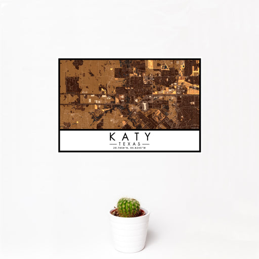 12x18 Katy Texas Map Print Landscape Orientation in Ember Style With Small Cactus Plant in White Planter