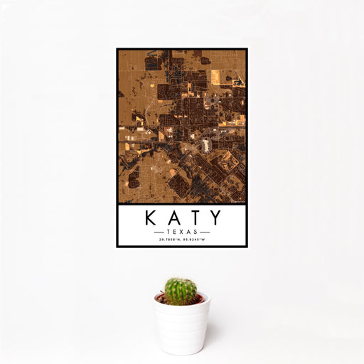 12x18 Katy Texas Map Print Portrait Orientation in Ember Style With Small Cactus Plant in White Planter
