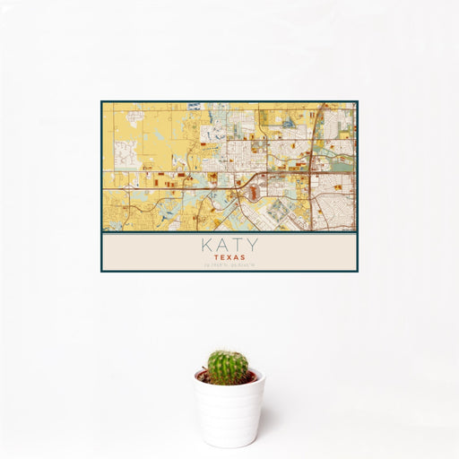 12x18 Katy Texas Map Print Landscape Orientation in Woodblock Style With Small Cactus Plant in White Planter