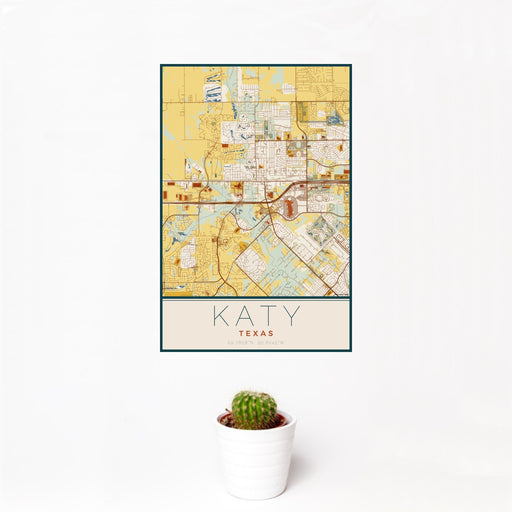 12x18 Katy Texas Map Print Portrait Orientation in Woodblock Style With Small Cactus Plant in White Planter