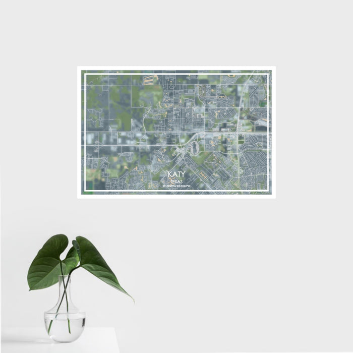16x24 Katy Texas Map Print Landscape Orientation in Afternoon Style With Tropical Plant Leaves in Water