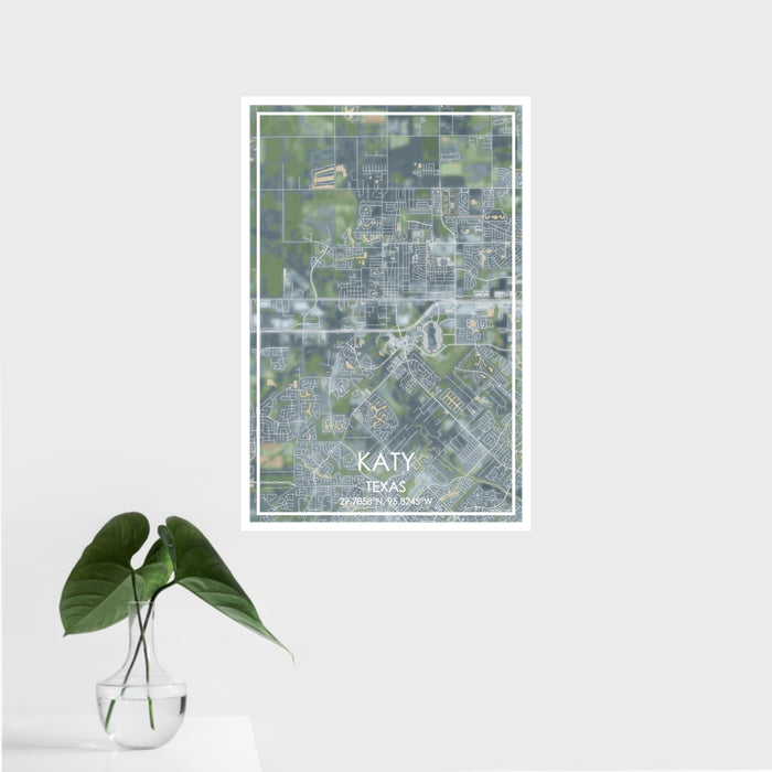 16x24 Katy Texas Map Print Portrait Orientation in Afternoon Style With Tropical Plant Leaves in Water