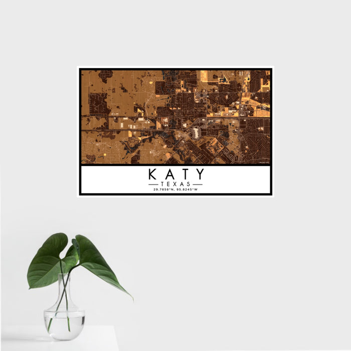 16x24 Katy Texas Map Print Landscape Orientation in Ember Style With Tropical Plant Leaves in Water