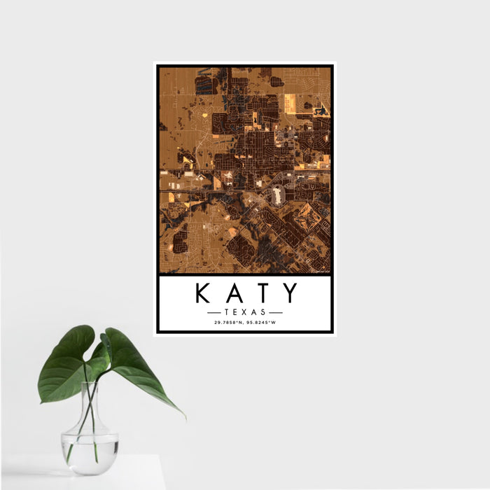 16x24 Katy Texas Map Print Portrait Orientation in Ember Style With Tropical Plant Leaves in Water
