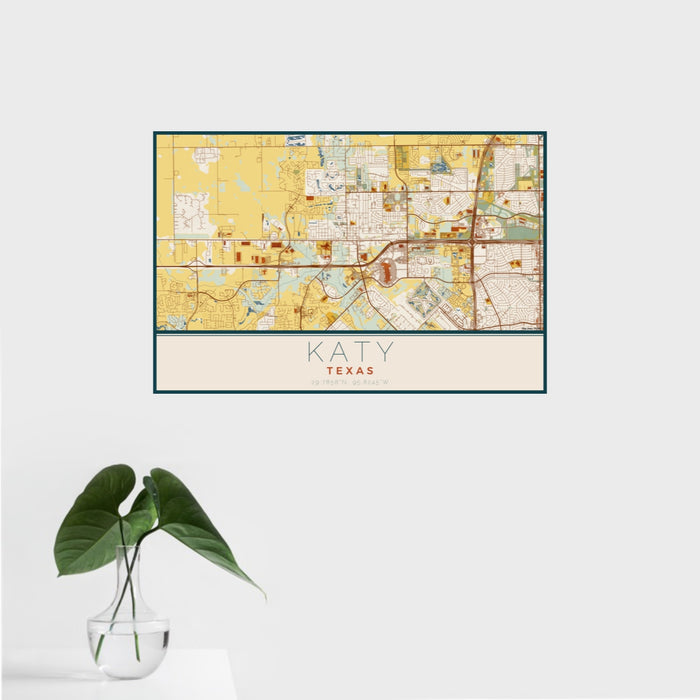 16x24 Katy Texas Map Print Landscape Orientation in Woodblock Style With Tropical Plant Leaves in Water