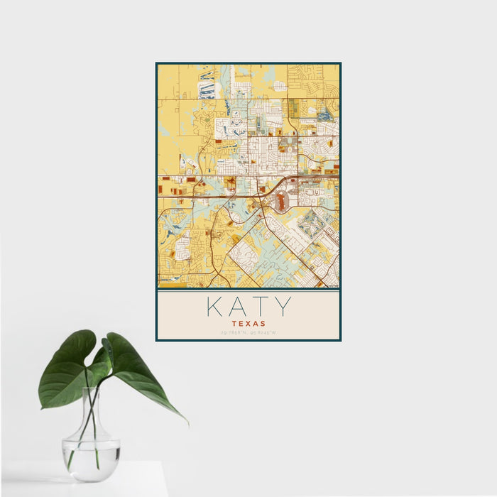 16x24 Katy Texas Map Print Portrait Orientation in Woodblock Style With Tropical Plant Leaves in Water