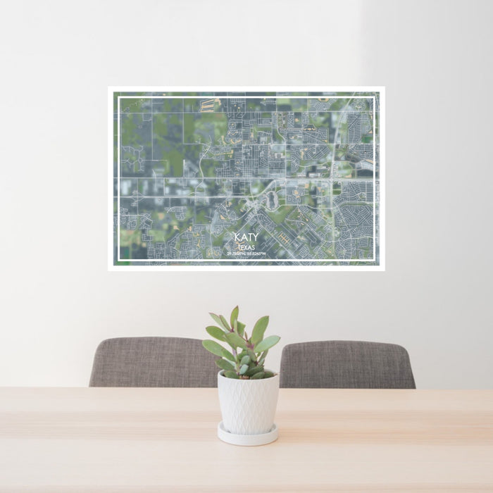24x36 Katy Texas Map Print Lanscape Orientation in Afternoon Style Behind 2 Chairs Table and Potted Plant