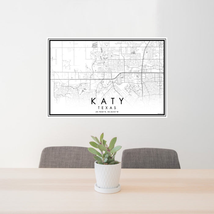 24x36 Katy Texas Map Print Lanscape Orientation in Classic Style Behind 2 Chairs Table and Potted Plant