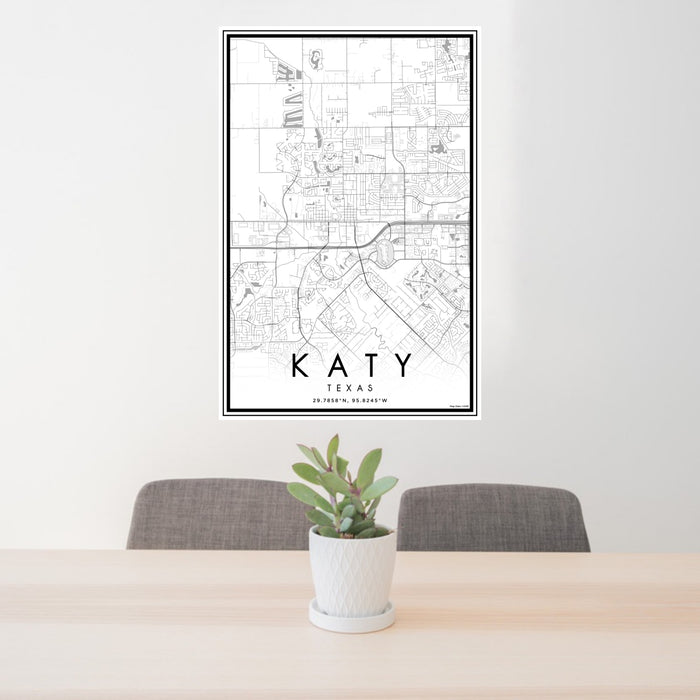 24x36 Katy Texas Map Print Portrait Orientation in Classic Style Behind 2 Chairs Table and Potted Plant