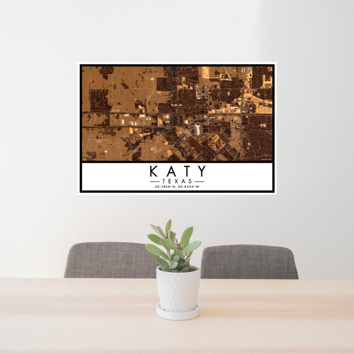 24x36 Katy Texas Map Print Lanscape Orientation in Ember Style Behind 2 Chairs Table and Potted Plant