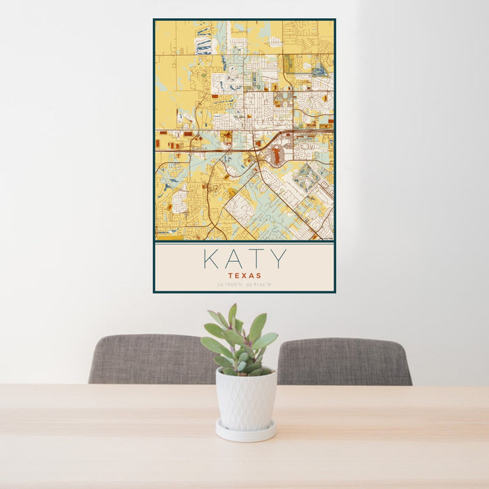 24x36 Katy Texas Map Print Portrait Orientation in Woodblock Style Behind 2 Chairs Table and Potted Plant