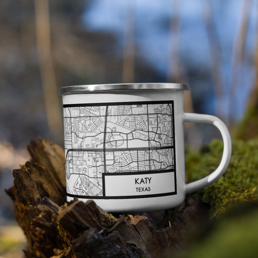 Right View Custom Katy Texas Map Enamel Mug in Classic on Grass With Trees in Background