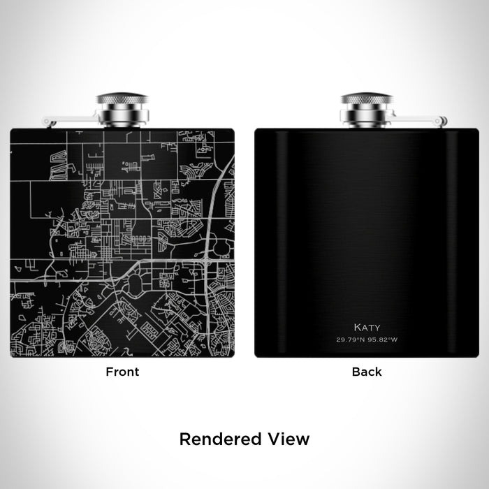 Rendered View of Katy Texas Map Engraving on 6oz Stainless Steel Flask in Black