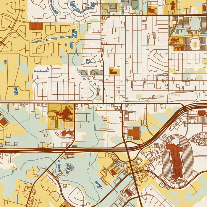 Katy Texas Map Print in Woodblock Style Zoomed In Close Up Showing Details