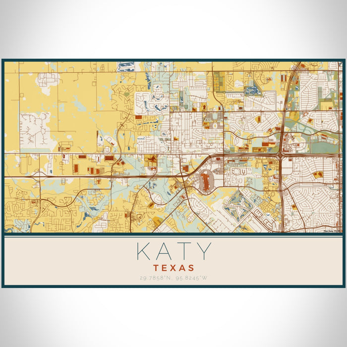 Katy Texas Map Print Landscape Orientation in Woodblock Style With Shaded Background