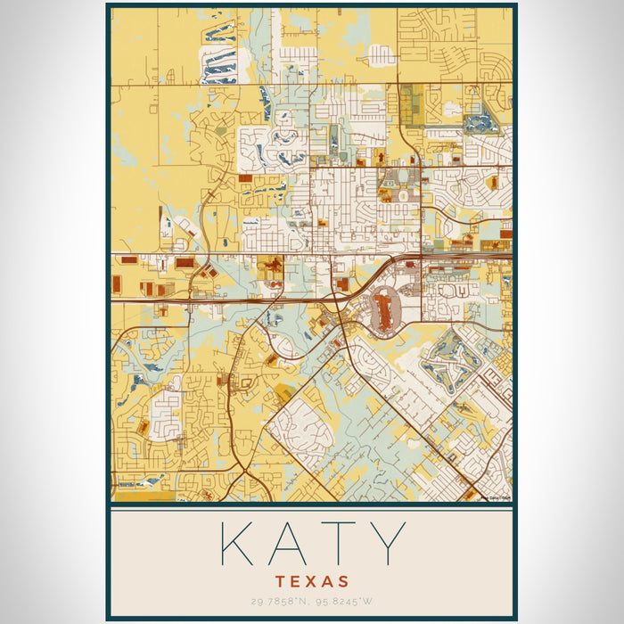Katy Texas Map Print Portrait Orientation in Woodblock Style With Shaded Background