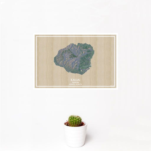 12x18 Kauai Hawaii Map Print Landscape Orientation in Afternoon Style With Small Cactus Plant in White Planter