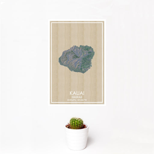 12x18 Kauai Hawaii Map Print Portrait Orientation in Afternoon Style With Small Cactus Plant in White Planter