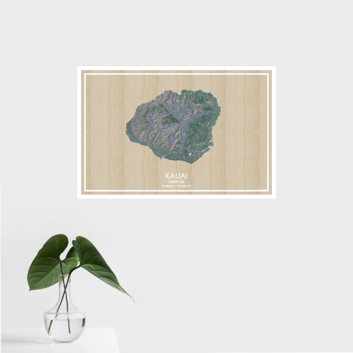 16x24 Kauai Hawaii Map Print Landscape Orientation in Afternoon Style With Tropical Plant Leaves in Water